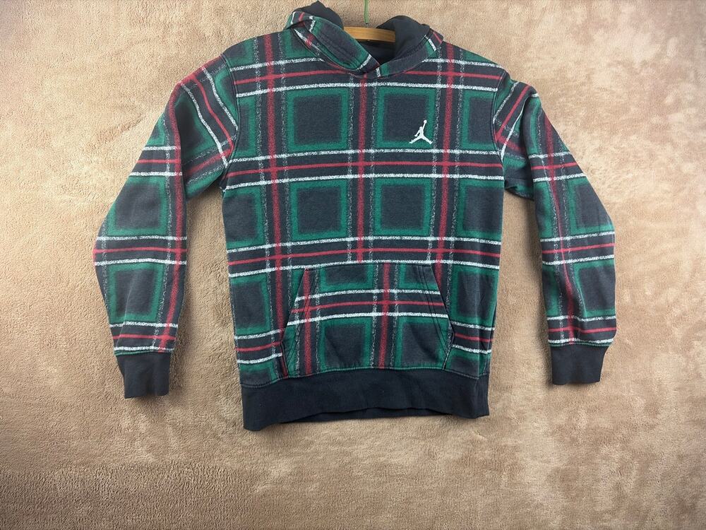 Jordan Brooklyn Holiday Fleece Plaid Hoodie Big Kids Size M Medium Green Black